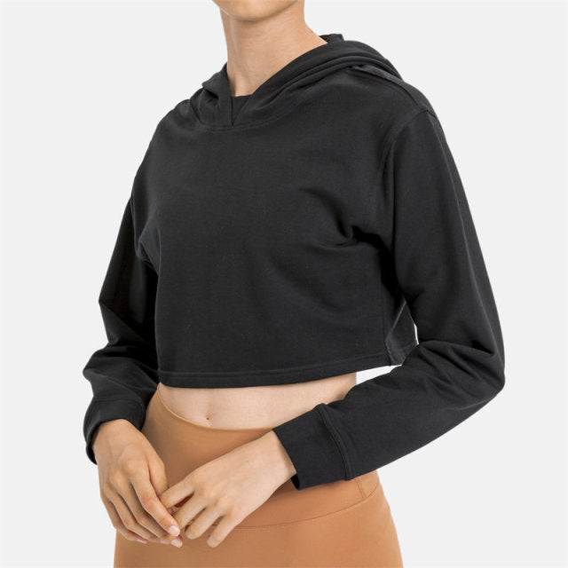Women Workout Crop Hoodie Long Sleeve Sweatshirt Casual Pullove Sport Top Fitness Women-6