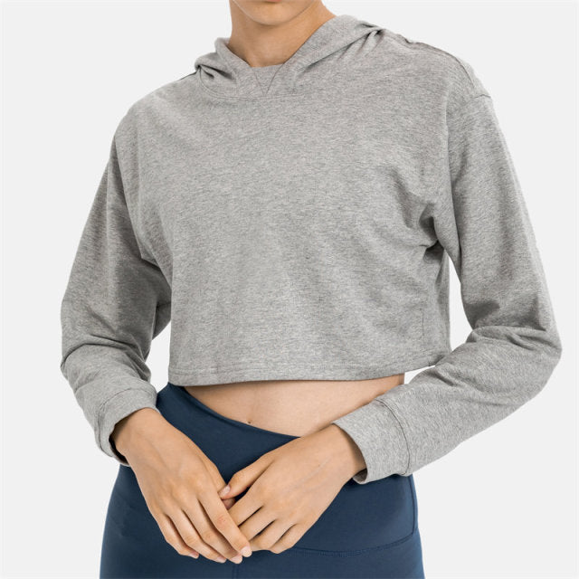 Women Workout Crop Hoodie Long Sleeve Sweatshirt Casual Pullove Sport Top Fitness Women-3