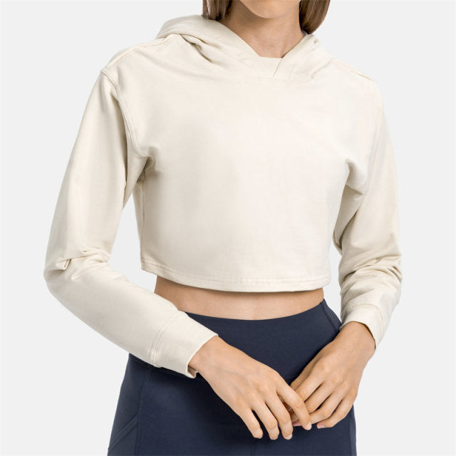 Women Workout Crop Hoodie Long Sleeve Sweatshirt Casual Pullove Sport Top Fitness Women-7